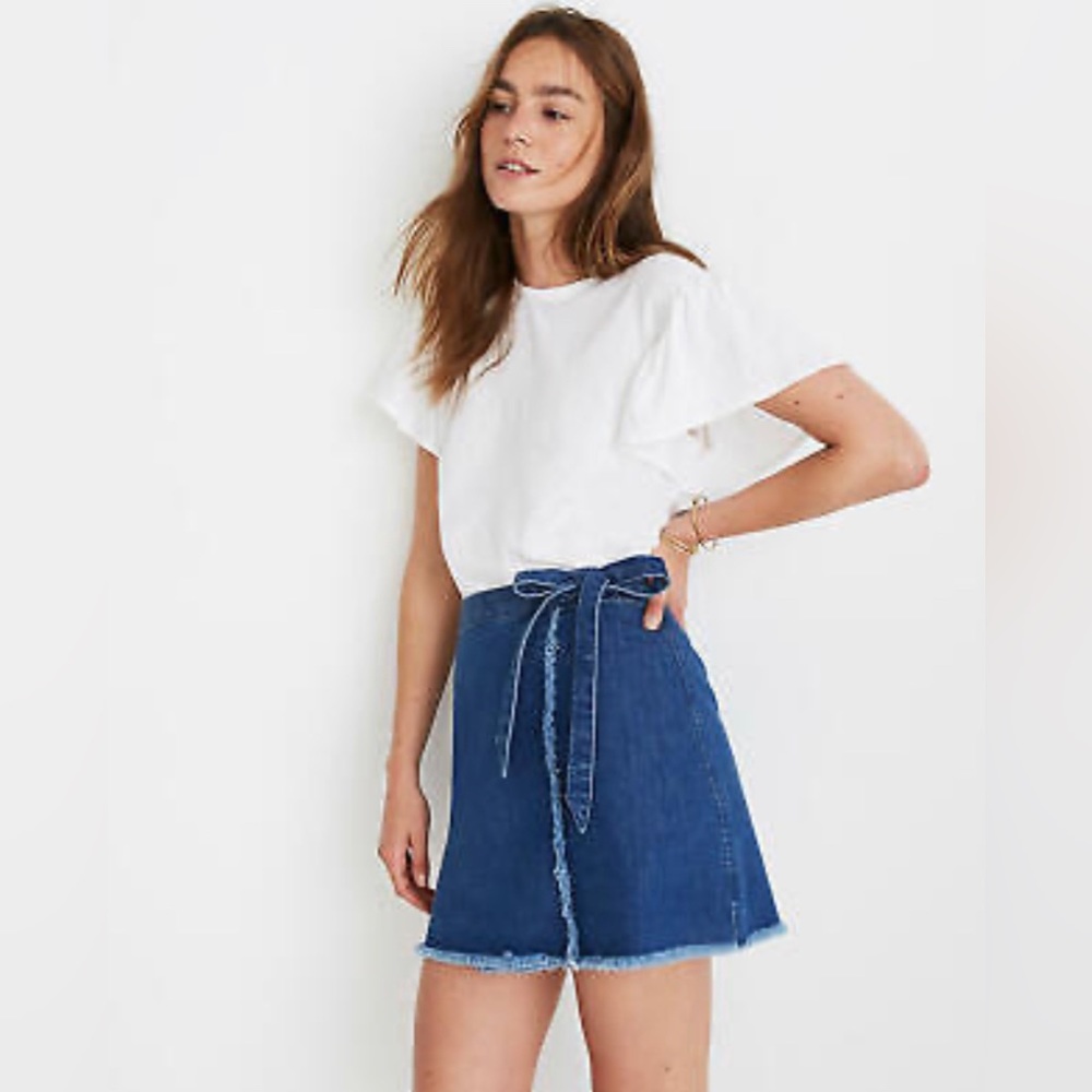 Madewell Raw-Hem Mini Wrap Skirt Size 10 Blue Jean Wrap Tie Bow Skirt